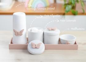 Kit Higiene Porcelana Bebê Maternidade K074 Borboleta Rosê Quarto Infantil Meninas Jardim Encantado