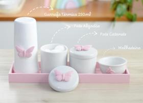 Kit Higiene Porcelana Bebê Maternidade K074 Rosa Borboletas Jardim Encantado Quarto Infantil Meninas Pote Algodão Cotonete