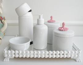 Kit Higiene Porcelana Bebê Rosa Bandeja Pérola Térmica K048
