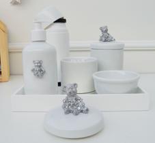 Kit Higiene Porcelana Bebê Térmica Potes Bandeja Banho K010 Urso