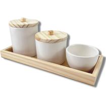 kit higiene porcelana com bandeja e tampa de madeira