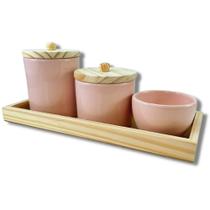 kit higiene porcelana com bandeja e tampa de madeira - DecorLi