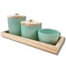 kit higiene porcelana com bandeja e tampa de madeira - DecorLi