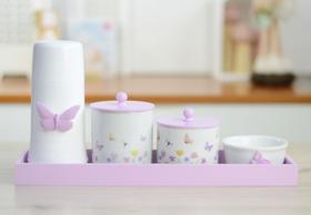 Kit Higiene Porcelana Maternidade Bebê Tema Borboleta Meninas Quarto Infantil K174 Lilas