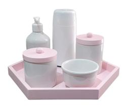 Kit Higiene Porcelana Menina potes com tampa e bandeja rosa maternidade garrafa térmica - S. A decoração