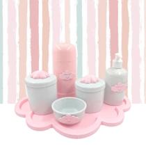 Kit Higiene Porcelana Nuvem Rosa Garrafa Rosa 6pçs