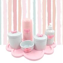 Kit Higiene Porcelana Nuvem Rosa Tema Borboleta Garrafa Rosa 6pçs