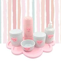 Kit Higiene Porcelana Nuvem Rosa Tema Lacinho Garrafa Rosa 6pçs - TG Decor