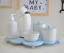 Kit Higiene Porcelanas K085 Bebê Moderno Bandeja Nuvem Azul Rosa Cinza Verde Térmica 250 ml