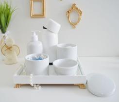 Kit Higiene Porcelanas K150 Bebê Moderno Bandeja Espelho Decoração Cotonete Algodão Quarto Bancada