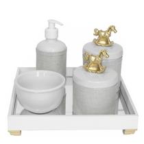 Kit Higiene Pote Porcelana Molhadeira Cavalinho Bebê Dourado