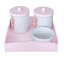 Kit Higiene Potes em Porcelana e Bandeja na cor Rosa