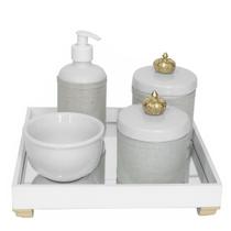 Kit Higiene Potes Porcelanas Molhadeira Coroa Bebê Dourado