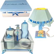Kit higiene quarto de bebê porcelana mdf 8 pçs - Branco e azul bb Kit higiene quarto de bebê porcelana mdf 8 pçs - Branco e azul bb