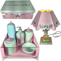 Kit higiene quarto de bebê porcelana mdf 8 pçs - Rosa e Branco
