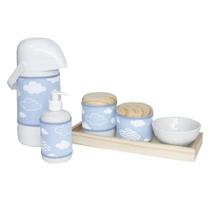 Kit Higiene Slim Pinus Garrafa Grande Capa Nuvem Chevron Azul Quarto Bebê Menino