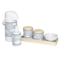 Kit Higiene Slim Pinus Garrafa Grande Capa Nuvem Chevron Cinza Quarto Bebê Menina Menino