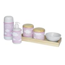 Kit Higiene Slim Pinus Garrafa Pequena Capa Nuvem Chevron Rosa Quarto Bebê Menina