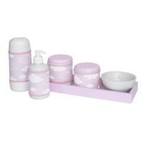 Kit Higiene Slim Rosa Garrafa Pequena Capa Nuvem Chevron Rosa Quarto Bebê Menina