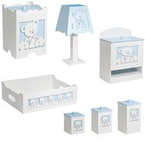 Kit Higiene Urso Azul e Branco 7 Peças em MDF - Rosana Decor