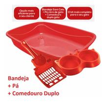 Kit Higiênico Gato 3 Em 1 Luxo Bandeja +pá + Comedouro Duplo Pet Shop Azul Rosa ou Vermelho - Pet Injet