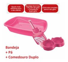 Kit Higiênico Gato 3 Em 1 Luxo Bandeja +pá + Comedouro Duplo Pet Shop Azul Rosa ou Vermelho