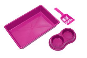 Kit higienico para gatos (bandeja/pá/comedouro) rosa - FOUR PLASTIC