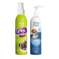 Kit Higienizador Limpa Orelhas Cães Gatos 100g Pet Clean + Higienizador Limpa Dobrinhas Spray 120ml