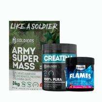 Kit: Hipercalórico Army Super Mass - 3Kg +Creatina Monohidratada Pote 300g - 100% Pura+Pré-Treino Flames 200g - Soldiers