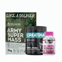 Kit:Hipercalórico Army Super Mass - 3Kg +Creatina Monohidratada Pote 300g - 100% Pura+Termogênico Femme Burn 90g - Soldi - Soldiers Nutrition