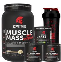 Kit Hipercalórico Muscle Mass + Bcaa + Creatina + Glutamina + Copo - Espartanos Suplementos