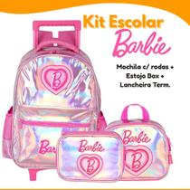 Kit Holográfico Barbie Mochila Rodinhas + Estojo Box + Lancheira Térmica Escolar