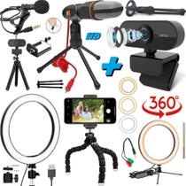 Kit Home Office Webcam Led Ring Light Iluminador Celular Microfone Profissional Gravação Vídeo Aula Conferência Reunião