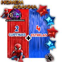 Kit: Homem-Aranha 2 Cortinas Metalizada + 4 Balões Estrelas, Decoração, Festa,Aniversário,Adereços, Festival, Comemorção