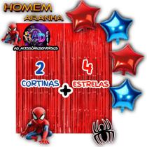 Kit: Homem-Aranha 2 Cortinas Metalizada + 4 Balões Estrelas, Decoração, Festa,Aniversário,Adereços, Festival, Comemorção