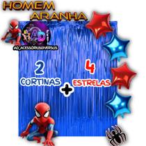 Kit: Homem-Aranha 2 Cortinas Metalizada + 4 Balões Estrelas, Decoração, Festa,Aniversário,Adereços, Festival, Comemorção