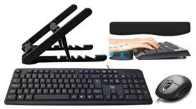 KIT Homeoffice - Suporte Notebook, Teclado e Mouse com fio USB e Apoio para Teclado