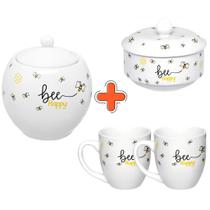 Kit Honey Açucareiro com Colher 350ml + Manteigueira 10cm e 2 Canecas 30ml em Porcelana Branca