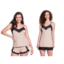 Kit Hope Feminino: Camisola Renda Microfibra + Pijama Short Doll Renda Conforto e Elegância