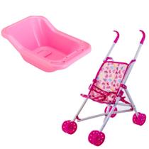 Kit Hora do Banho Banheira Rosa 37cm Com Carrinho de Passeio