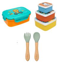 Kit Hora do Lanche Bento Box Leão, Potinho Animal Fun e Talher em Bambu e Silicone Verde - Buba