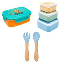 Kit Hora do Lanche Bento Box Leão, Potinho Gumy Azul e Talher em Bambu e Silicone Azul - Buba