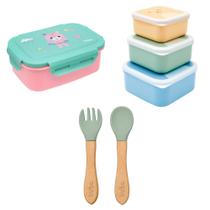 Kit Hora do Lanche Bento Box Unicórnio, Potinho Gumy Azul e Talher em Bambu e Silicone Verde - Buba