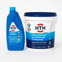 Kit HTH Cloro Tradicional 10kg Limpa Bordas 1L Higienização Completa para Piscinas Kit HTH Cloro Tradicional 10kg Limpa Bordas 1L Higienização Completa para Piscinas