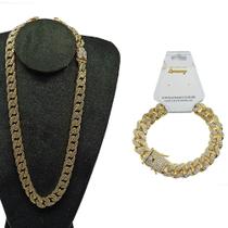 Kit Ice Cuban Pulseira e Corrente Cravejado Brilho Dourado