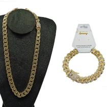 Kit Ice Cuban Pulseira e Corrente Cravejado Brilho Dourado