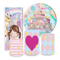 kit ideal para pegue e monte, painel trio veste fácil e portal tudo em tecido sublimado circo rosa festa infantil kit ideal para pegue e monte, painel trio veste fácil e portal tudo em tecido sublimado circo rosa festa infantil
