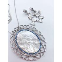 Kit iemanjá rhodium - madrepérola de iemanjá arabesco + brincos