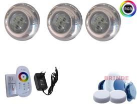 Kit iluminação luminaria led inox piscina - 03 led 15w rgb + central touch + fonte 12v Kit iluminação luminaria led inox piscina - 03 led 15w rgb + central touch + fonte 12v
