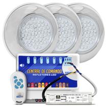Kit Iluminação Piscina 03 Power LED 9w Inox RGB Brustec + 01 Central Timer + Fonte Blindada 36w